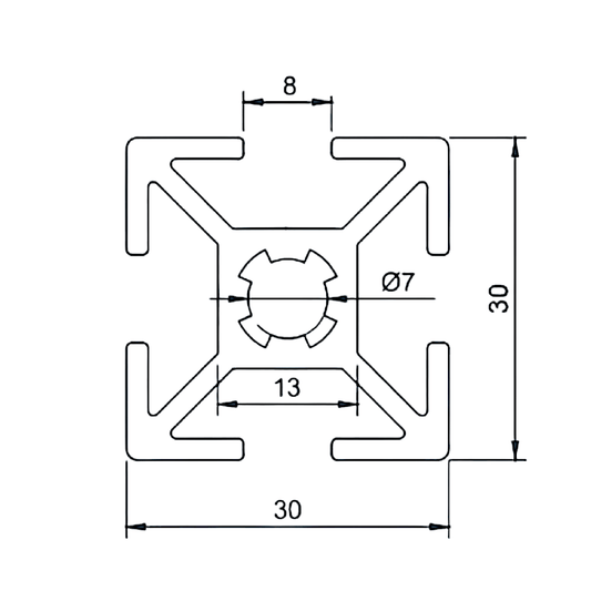 Perfil Estructural Aluminio Tslot 30x30x3000 mm Mate