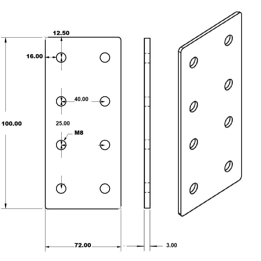 Plano técnico de Placa Unión rectangular para perfil tslot 40x80 mm mate (pack 2und) (PC00628) para maquinaria CNC y automatización industrial