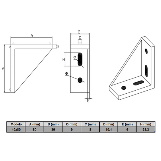 Soporte ángulo 90° perfil TSlot 40x80 (Pack 2 unds)
