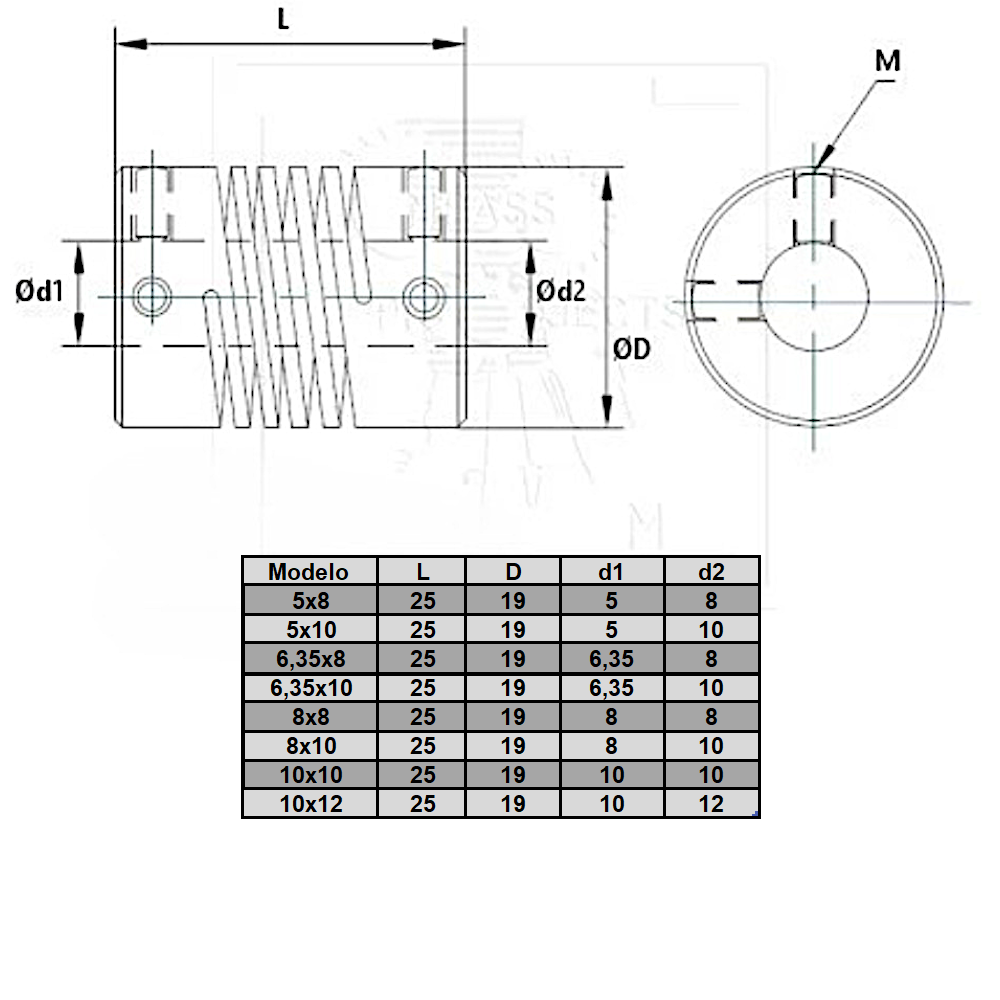 Plano técnico de Acople Flexible 8x10 mm (PU00084) para maquinaria CNC y automatización industrial