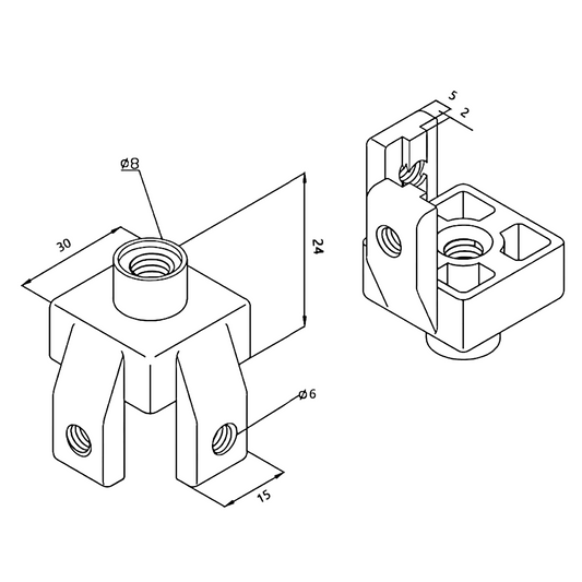 Plano técnico de Base y pata ajustable perfil Tslot 30X30 mm (pack 4und) (PC00434) para maquinaria CNC y automatización industrial