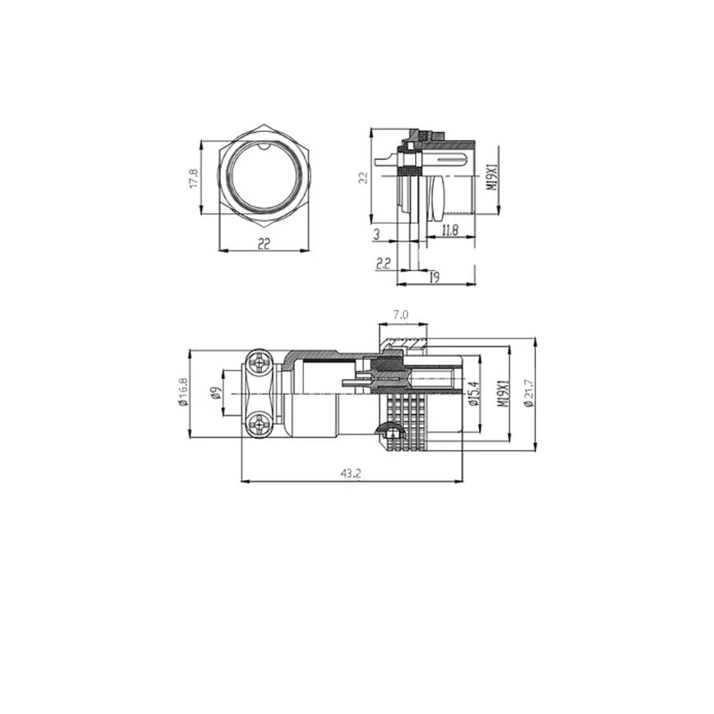 Conector para panel con flange Macho GX20-8E de 8 pines