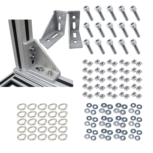 Soportes Ángulo 90° Rectangular Para Perfil TSLOT + Pernos + Golillas + Tuerca corrediza (Pack 25 unidades)