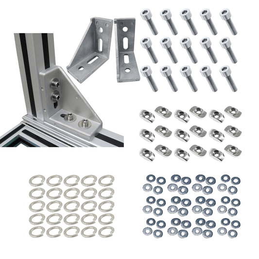 Soportes Ángulo 90° Rectangular Para Perfil TSLOT + Pernos + Golillas + Tuerca Tipo T (Pack 25 unidades)