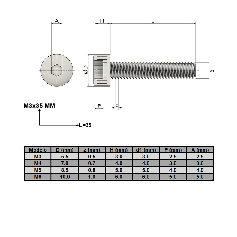 Plano técnico de Perno Allen M6x16 mm Cabeza Cilíndrica (pack 50 unds) (PC00114) para maquinaria CNC y automatización industrial