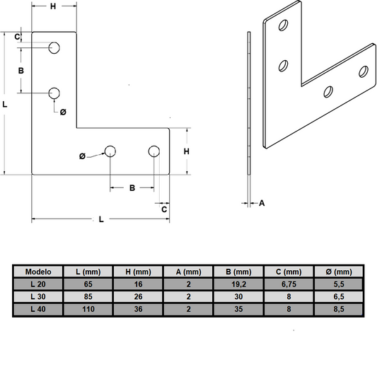 Placa soporte tipo L para perfil 20 mm mate (pack 2 und)