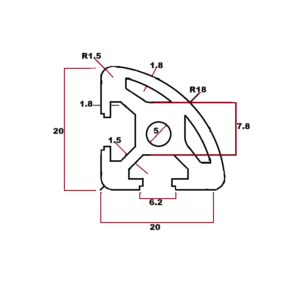 Perfil estructural semi circular aluminio Tslot 20x20x2000 mm
