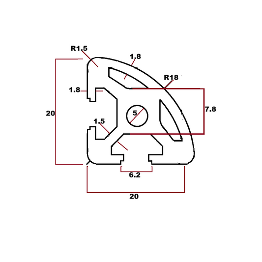 Perfil estructural semi circular aluminio Tslot 20x20x2000 mm