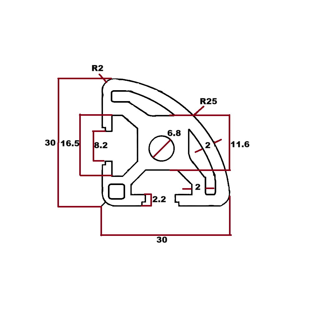 Perfil estructural semi circular aluminio Tslot 30x30x3000 mm