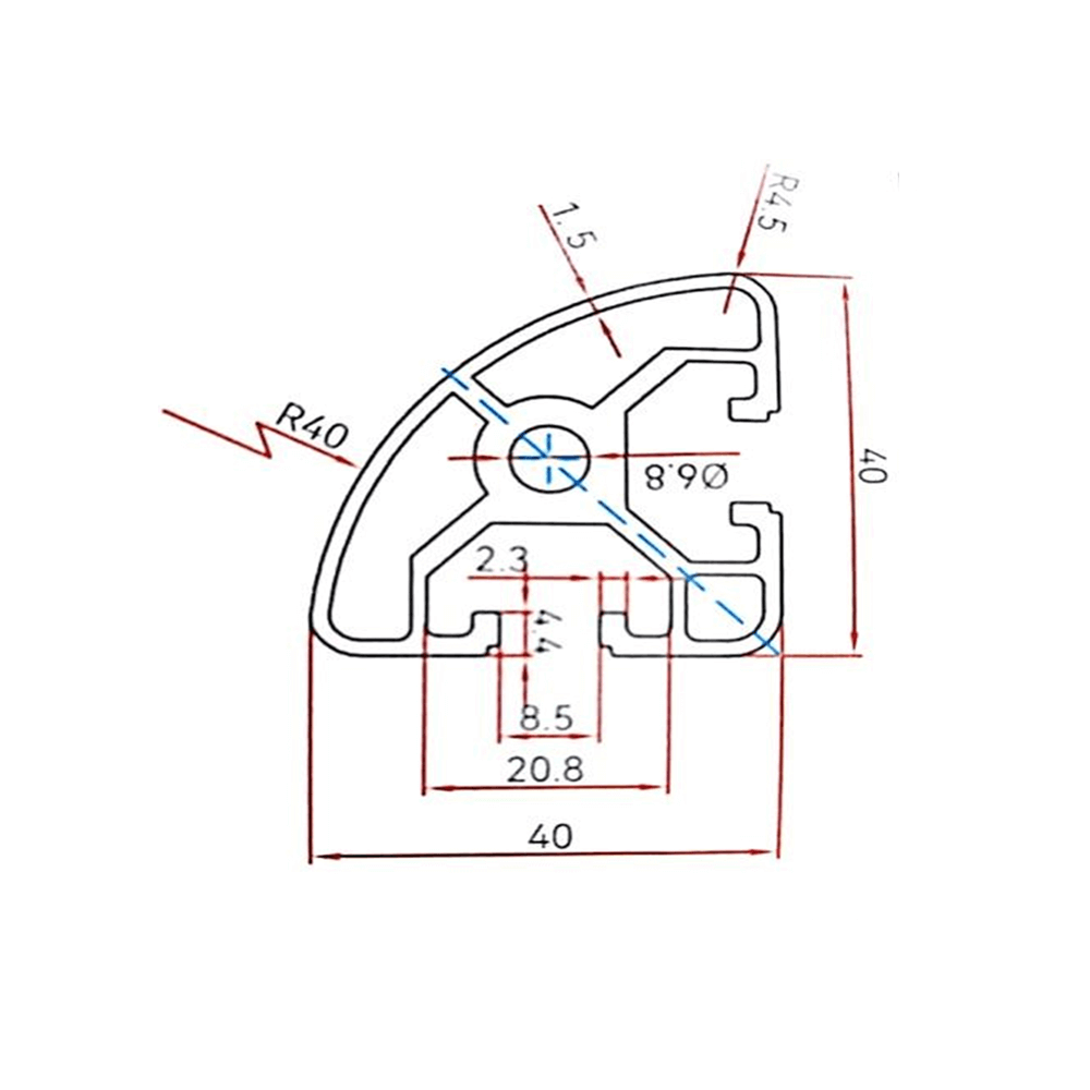 Perfil estructural semi circular aluminio Tslot 40x40x3000 mm