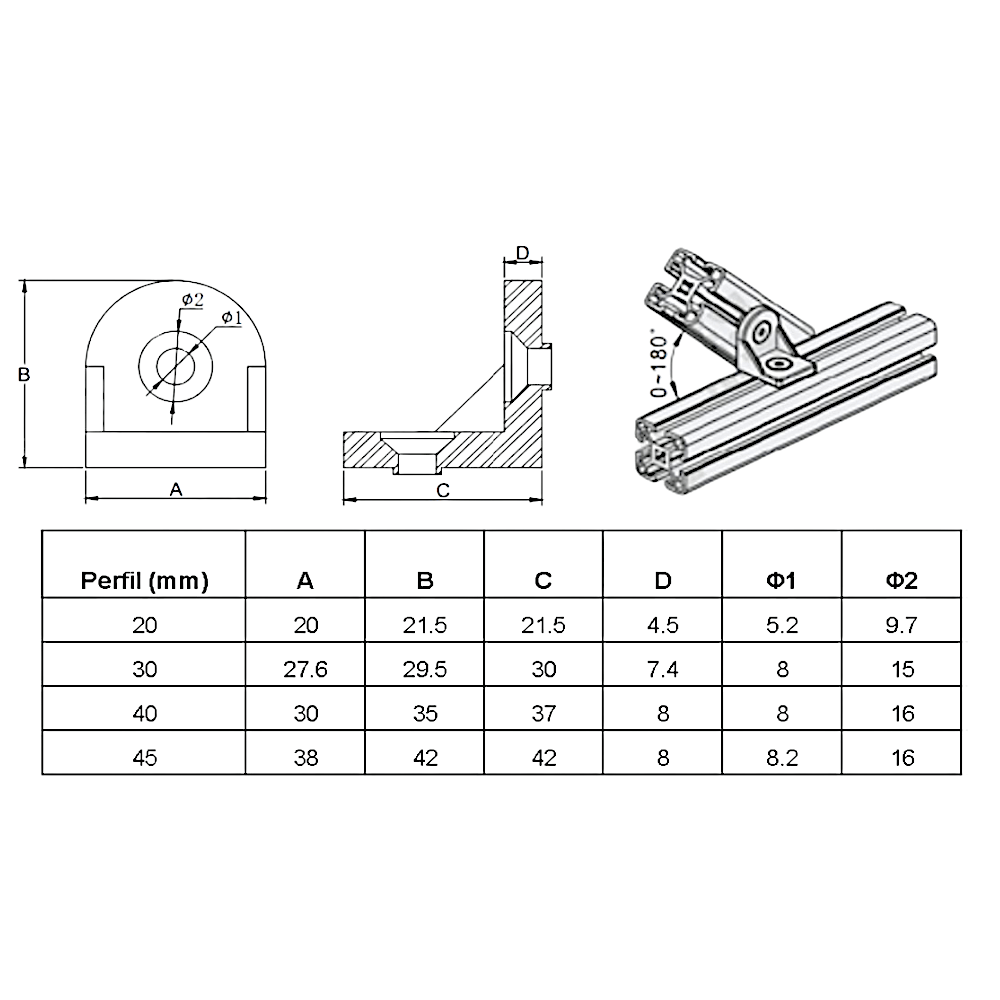 Soporte escuadra ángulo ajustable perfil Tslot 20 mm 2 und