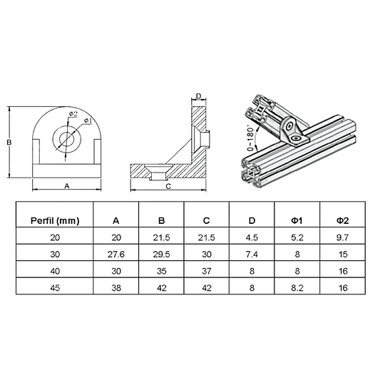 Soporte escuadra ángulo ajustable perfil Tslot 45 mm 2 und