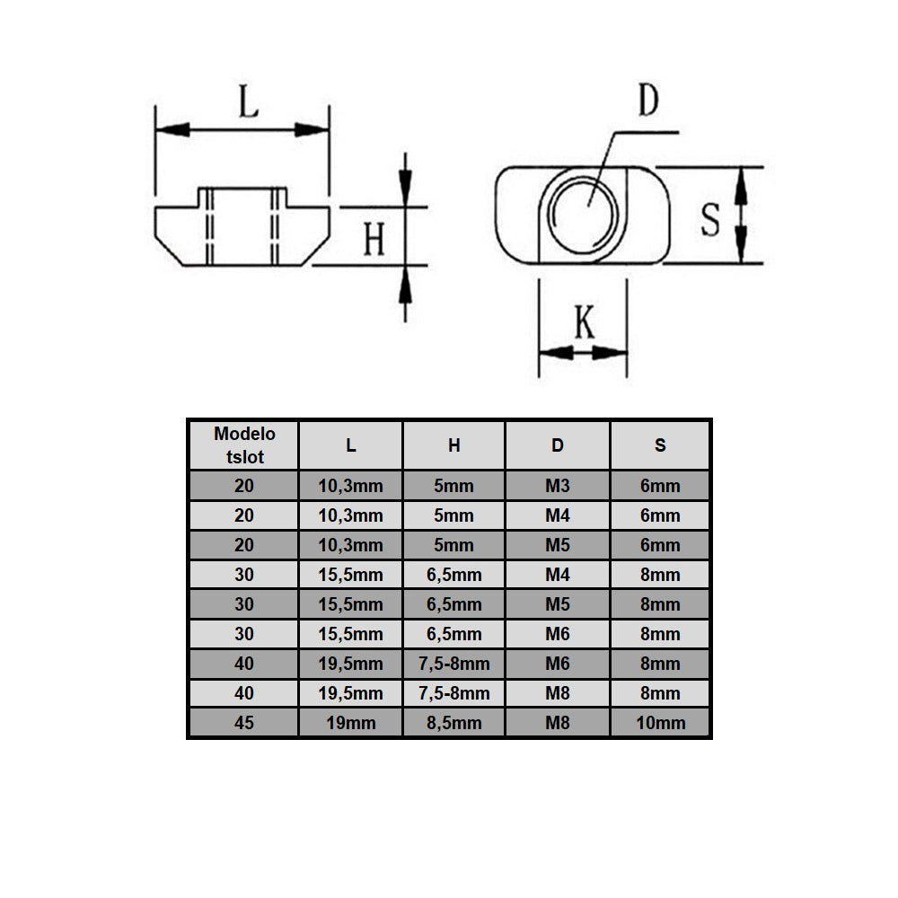Plano técnico de Tuerca "T" M4 Tslot 20 mm (pack 50 und) (PC00107) para maquinaria CNC y automatización industrial
