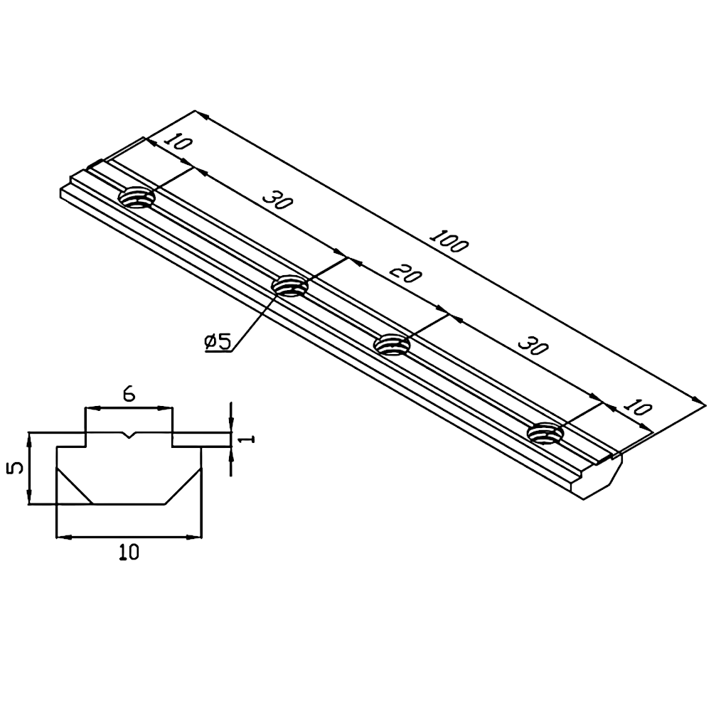 Plano técnico de Unión recta perfiles estructurales 20x20 (Pack 2 und) (PC00110) para maquinaria CNC y automatización industrial