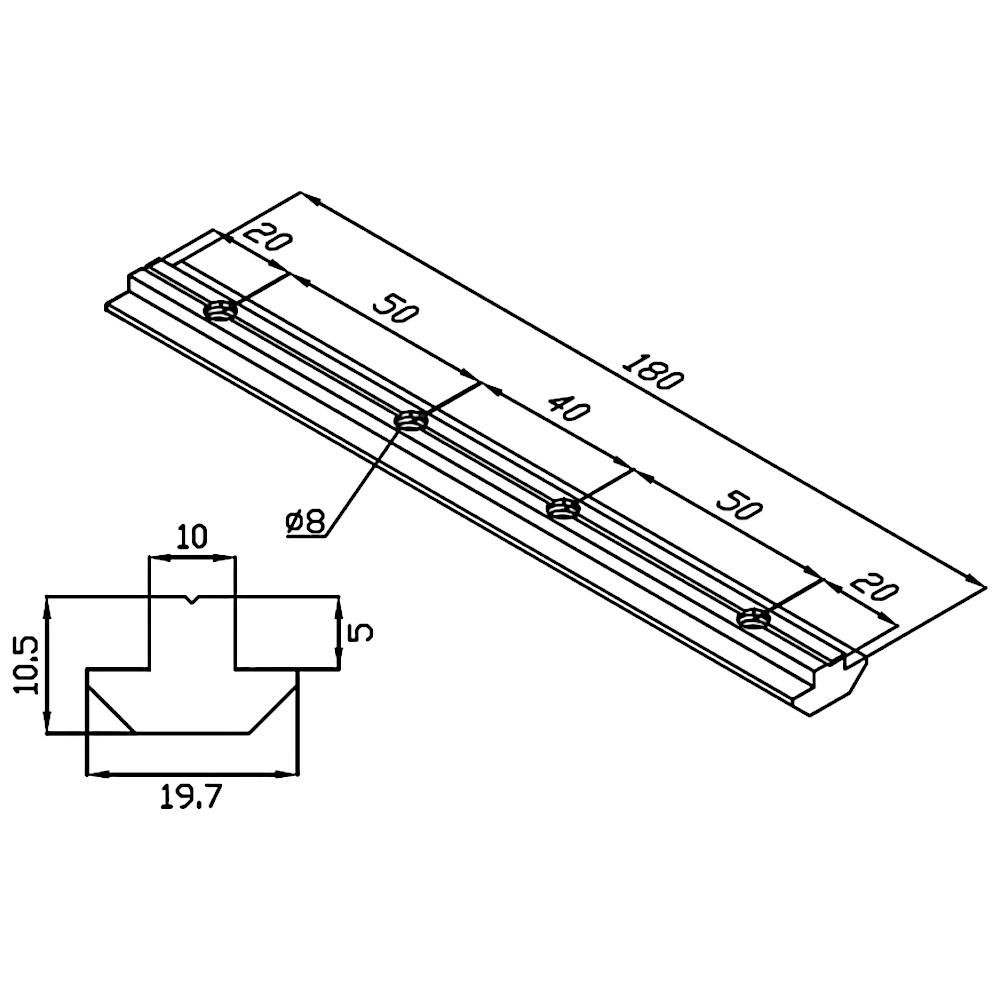 Plano técnico de Unión recta perfiles estructurales 45x45 (Pack 2 und) (PC00113) para maquinaria CNC y automatización industrial
