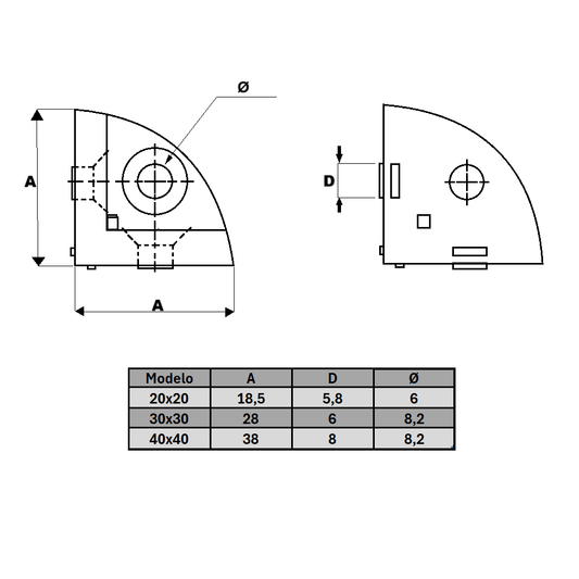 Plano técnico de Unión semi esférica triple para perfil tslot 30x30 mm (PU00486) para maquinaria CNC y automatización industrial
