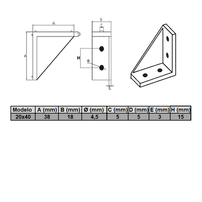 Soportes Ángulo 90° Rectangular Para Perfil TSLOT + Pernos + Golillas + Tuerca corrediza (Pack 25 unidades)