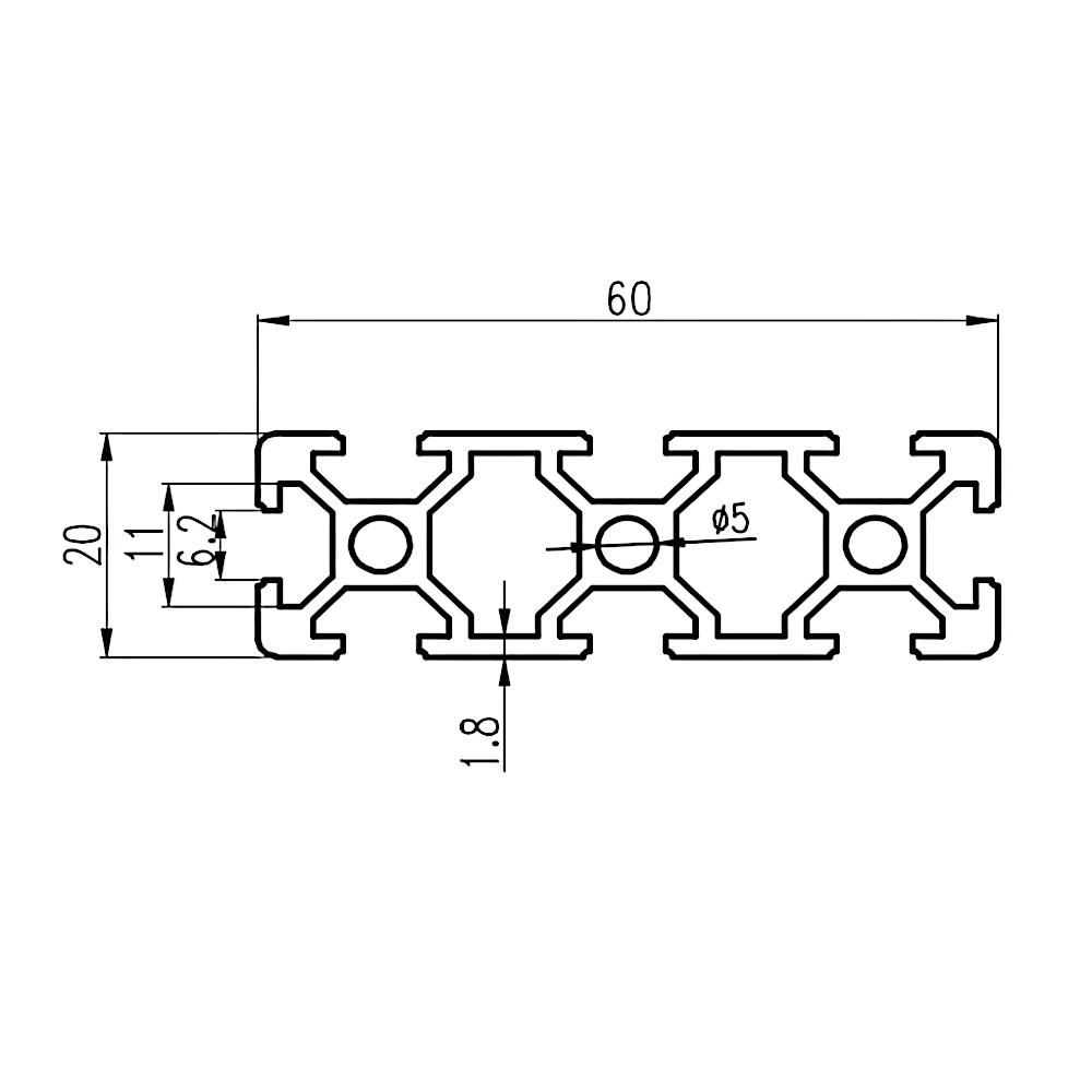 Perfil Estructural Aluminio Tslot 20x60x2000 mm