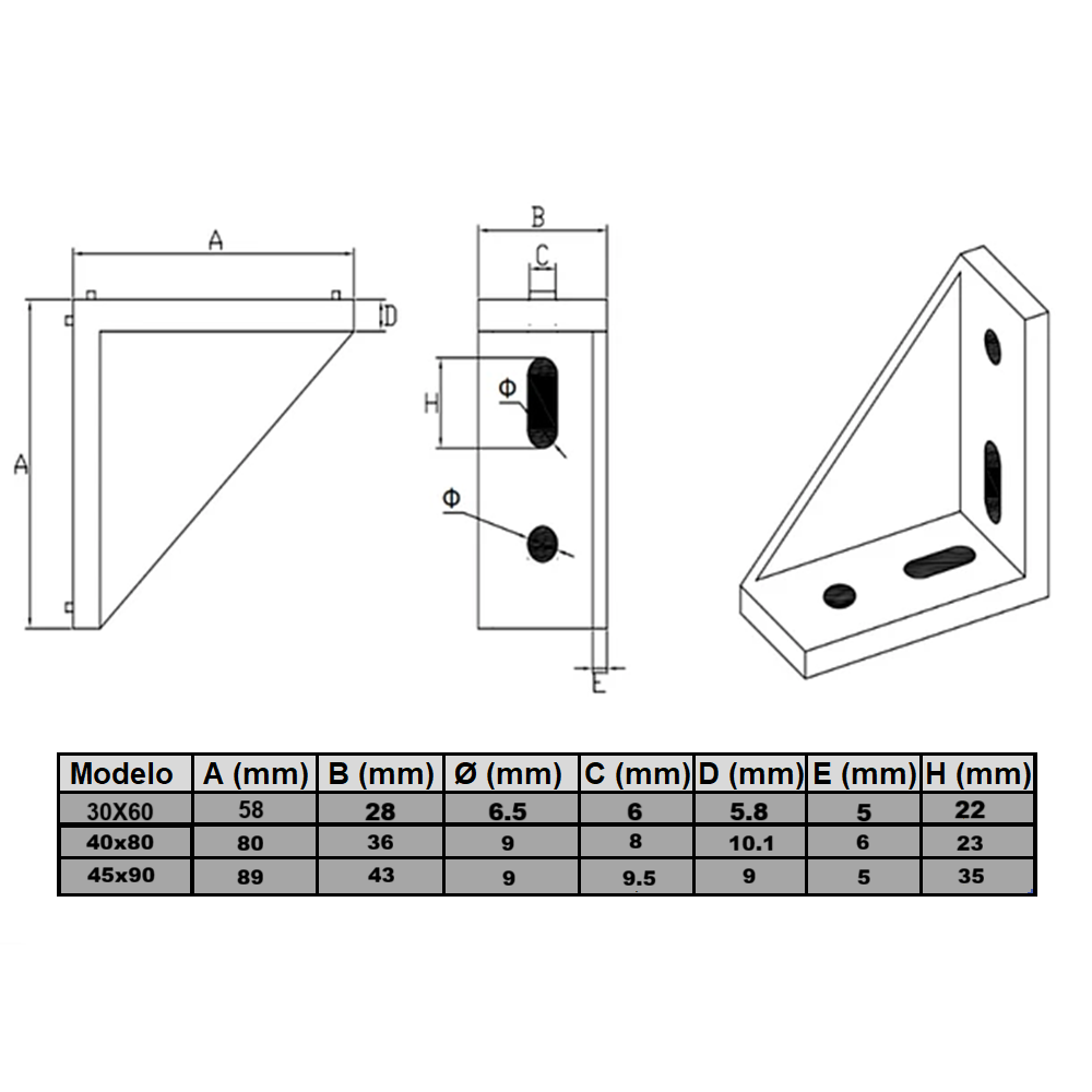 Soportes Ángulo 90° Rectangular Para Perfil TSLOT + Pernos + Golillas + Tuerca Tipo T (Pack 25 unidades)
