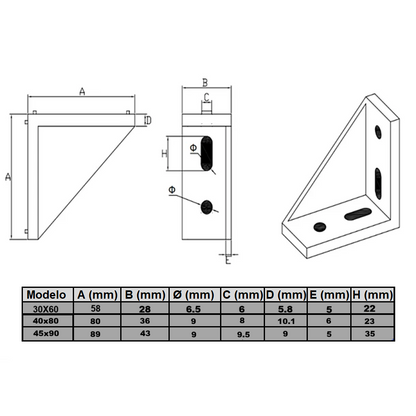 Soportes Ángulo 90° Rectangular Para Perfil TSLOT + Pernos + Golillas + Tuerca Tipo T (Pack 25 unidades)