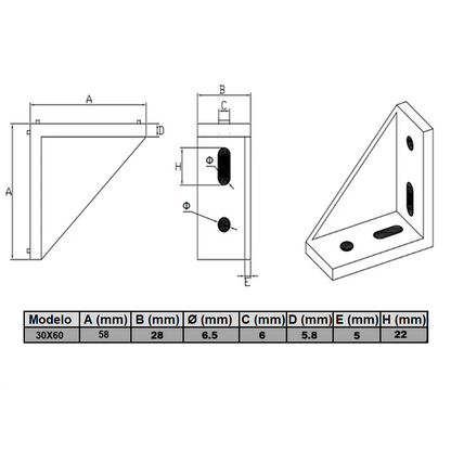 Soporte ángulo 90° perfil TSlot 30x60 (Pack 2 unds)