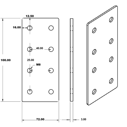 Placa Unión rectangular para perfil tslot 40x80 mm mate (pack 2und)