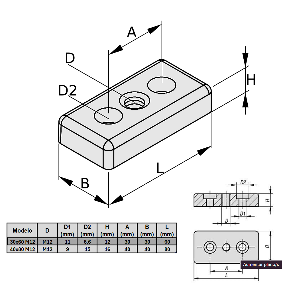 Base para pata M12 para perfil 40x80 mm