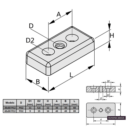 Base para pata M12 para perfil 40x80 mm
