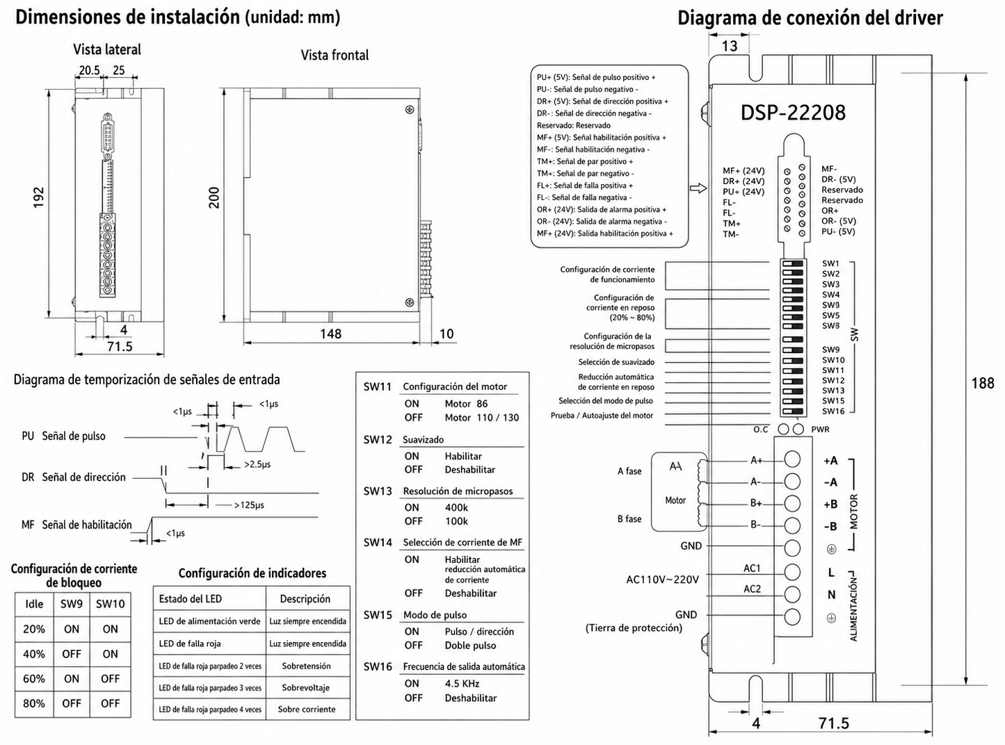 Driver controlador motor paso a paso 8A 220V DSP22208