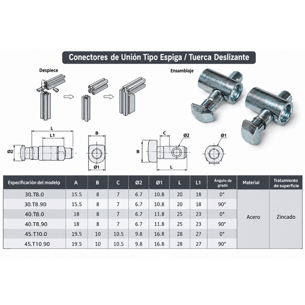 Conector Interior Perfil T-slot a 90°