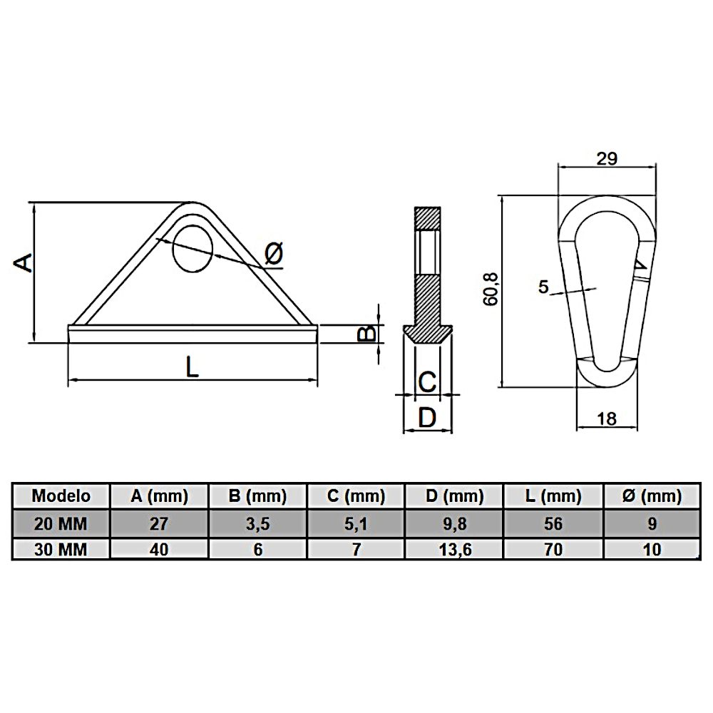 Base suspensión deslizante y mosquetón para perfil 30 / 40 mm
