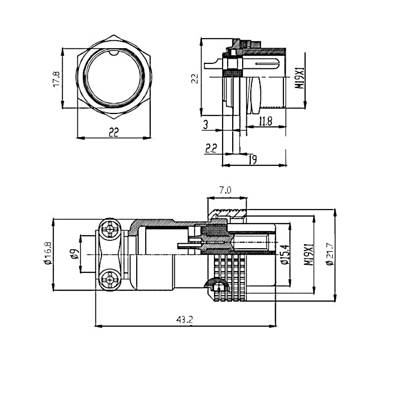 Conector para cable Hembra 9 Pines GX20-9A