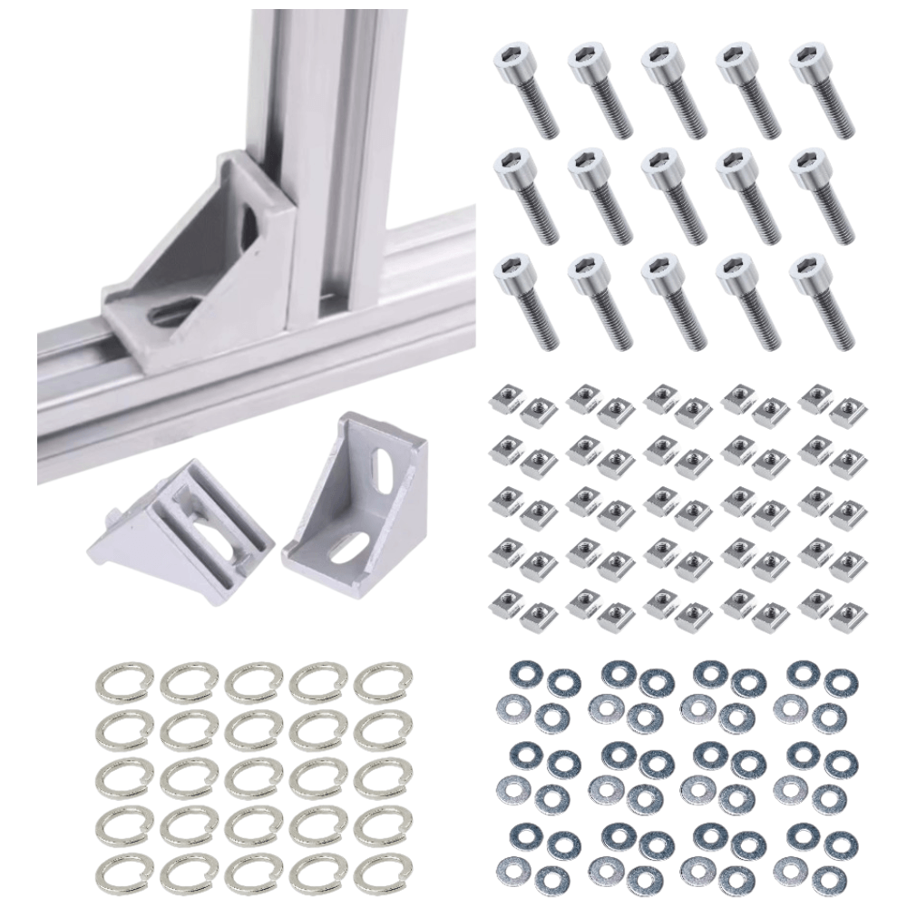 Soportes Ángulo 90° Estandar Para Perfil TSLOT + Pernos + Golillas + Tuerca corrediza (Pack 50 unidades)