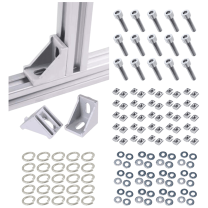 Soportes Ángulo 90° Estandar Para Perfil TSLOT + Pernos + Golillas + Tuerca corrediza (Pack 50 unidades)
