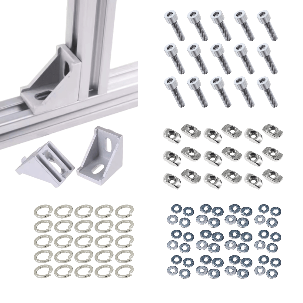 Soportes Ángulo 90° Estandar Para Perfil TSLOT + Pernos + Golillas + Tuerca Tipo T (Pack 50 unidades)