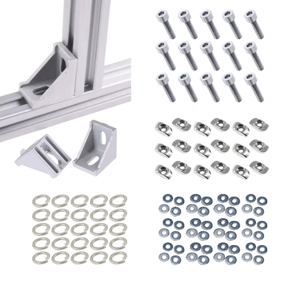 Soportes Ángulo 90° Estandar Para Perfil TSLOT + Pernos + Golillas + Tuerca Tipo T (Pack 50 unidades)