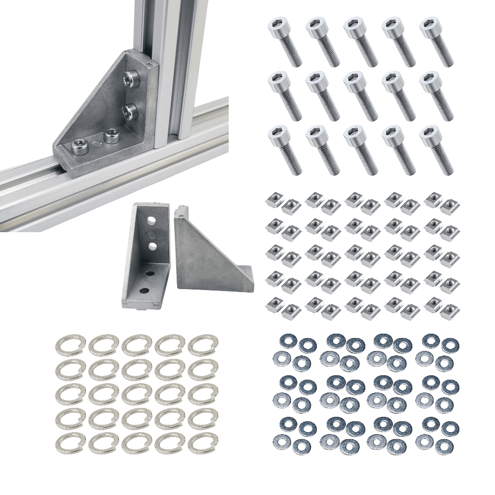 Soportes Ángulo 90° Rectangular Para Perfil TSLOT + Pernos + Golillas + Tuerca corrediza (Pack 25 unidades)