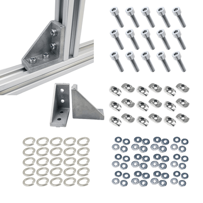 Soportes Ángulo 90° Rectangular Para Perfil TSLOT + Pernos + Golillas + Tuerca Tipo T (Pack 25 unidades)