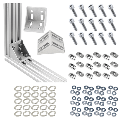 Soportes Ángulo 90° Doble Para Perfil TSLOT + Pernos + Golillas + Tuerca Tipo T (Pack 12 unidades)