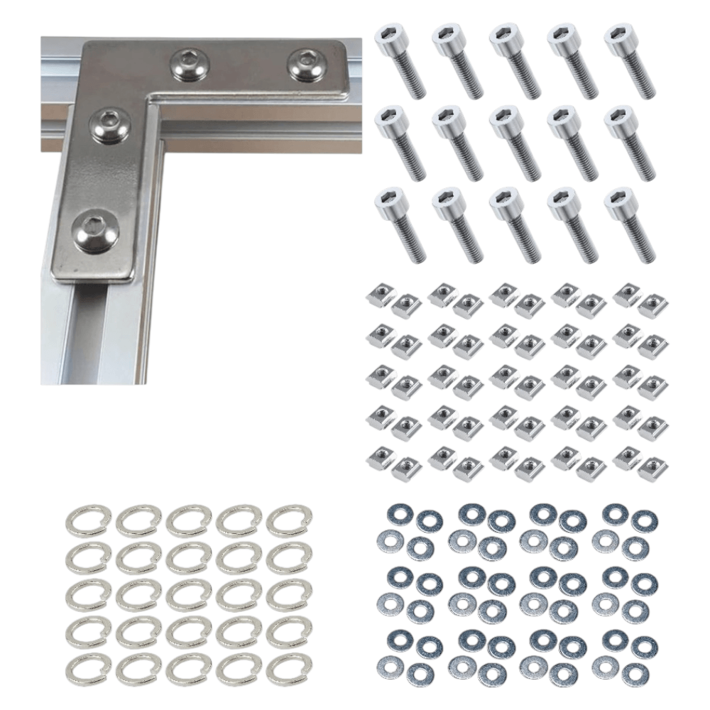 Placas Soporte Tipo L Cromada Para Perfil TSLOT + Pernos + Golillas + Tuercas Corredizas (Pack 25 Placas)