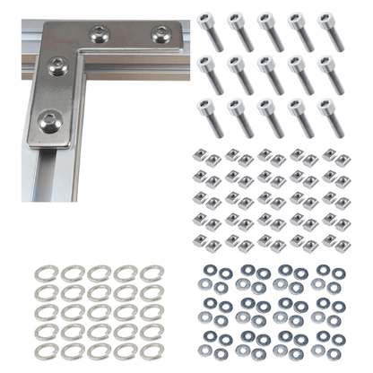 Placas Soporte Tipo L Cromada Para Perfil TSLOT + Pernos + Golillas + Tuercas Corredizas (Pack 25 Placas)
