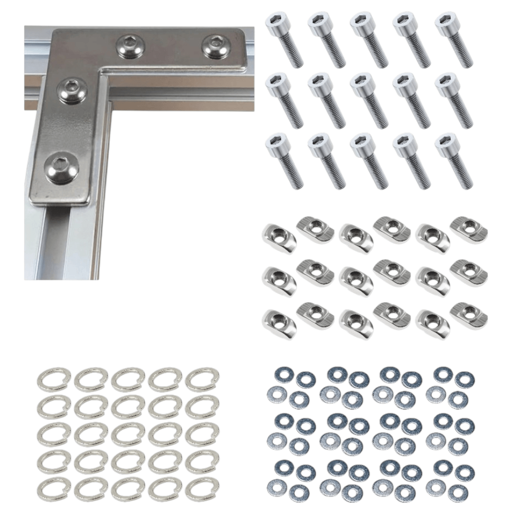 Placas Soporte Tipo L Cromada Para Perfil TSLOT + Pernos + Golillas + Tuercas Tipo T (Pack 25 Placas)