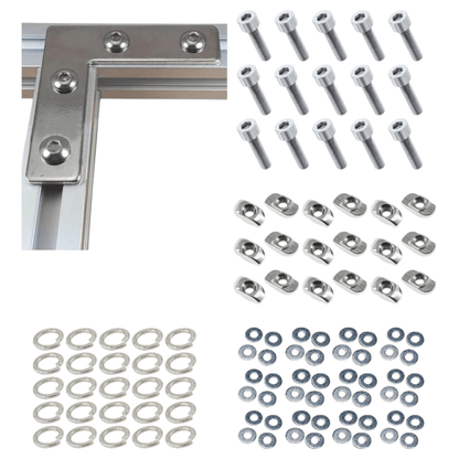 Placas Soporte Tipo L Cromada Para Perfil TSLOT + Pernos + Golillas + Tuercas Tipo T (Pack 25 Placas)