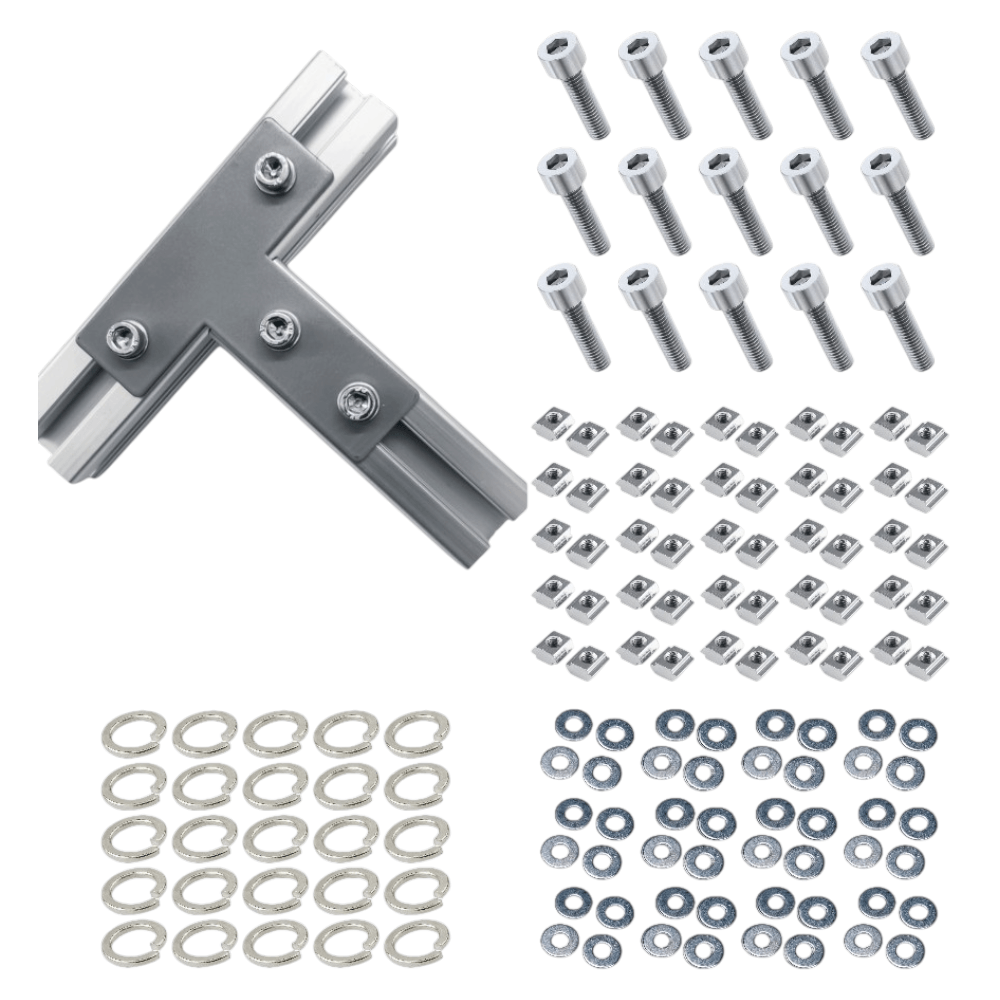 Placas Unión Tipo T Mate Para Perfil TSLOT + Pernos + Golillas + Tuercas Corredizas (Pack 25 Placas)