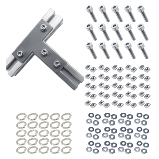 Placas Unión Tipo T Mate Para Perfil TSLOT + Pernos + Golillas + Tuercas Corredizas (Pack 25 Placas)