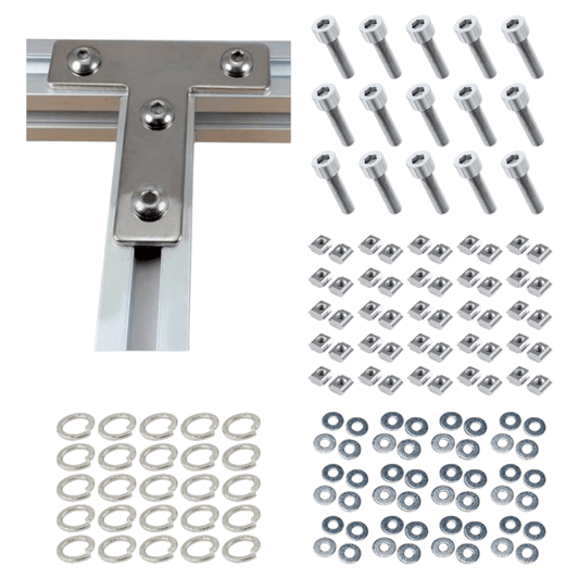 Placas Unión Tipo T Cromadas Para Perfil TSLOT + Pernos + Golillas + Tuercas Corredizas (Pack 25 Placas)