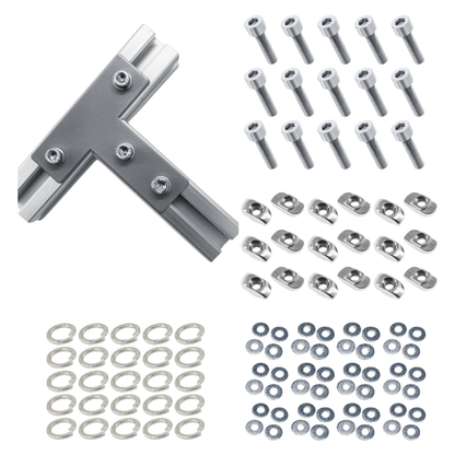 Placas Unión Tipo T Mate para Perfil TSLOT + Pernos + Golillas + Tuercas Tipo T (Pack 25 Placas)