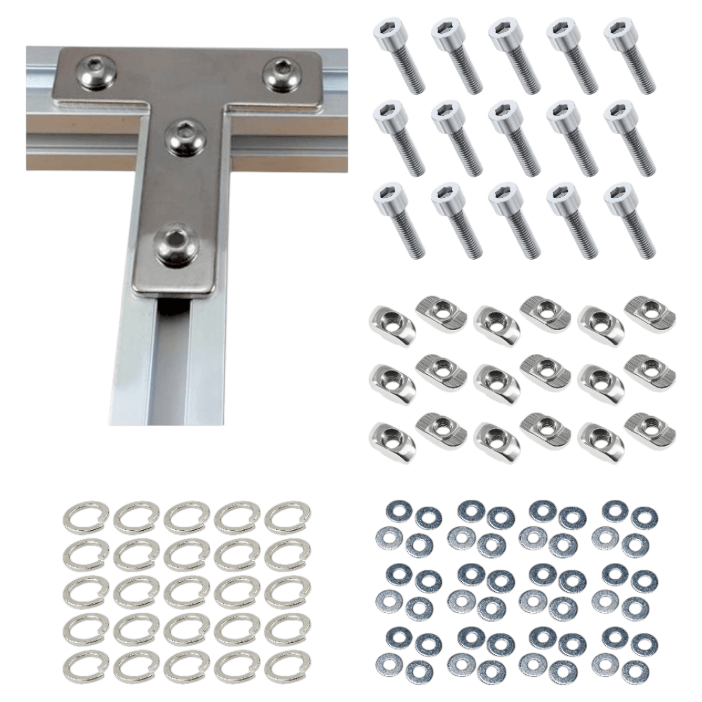 Placas Unión Tipo T Cromada para Perfil TSLOT + Pernos + Golillas + Tuercas Tipo T (Pack 25 Placas)