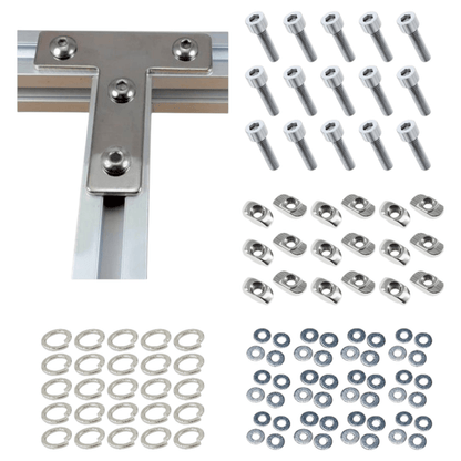 Placas Unión Tipo T Cromada para Perfil TSLOT + Pernos + Golillas + Tuercas Tipo T (Pack 25 Placas)