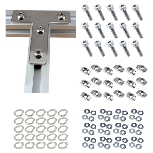 Placas Unión Tipo T Cromada para Perfil TSLOT + Pernos + Golillas + Tuercas Tipo T (Pack 25 Placas)